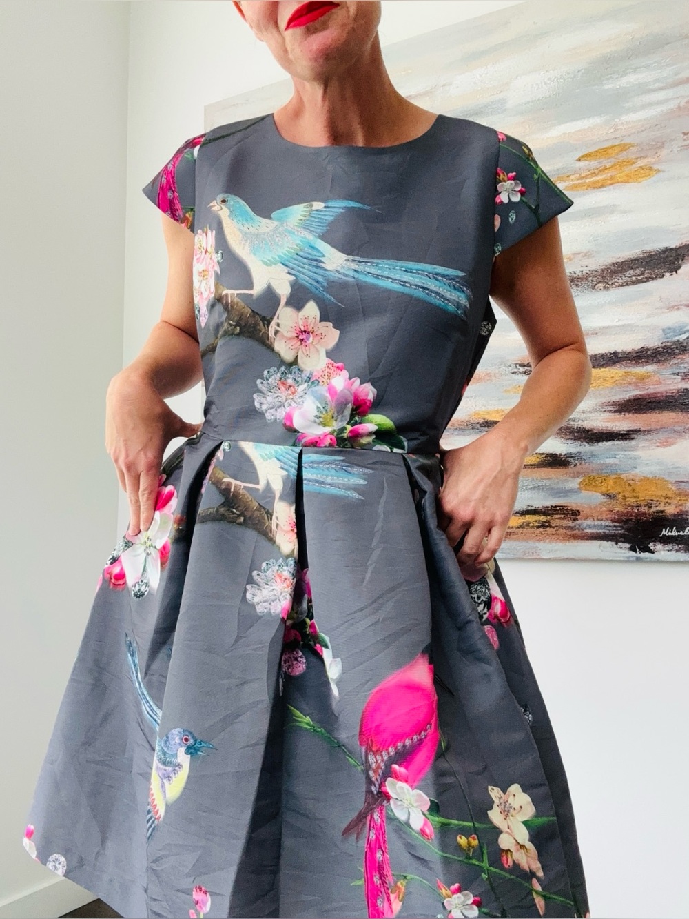 TED BAKER Zaldana "Flight of the Orient" Floral Bird Midi Dress Size 5 (US 12)
